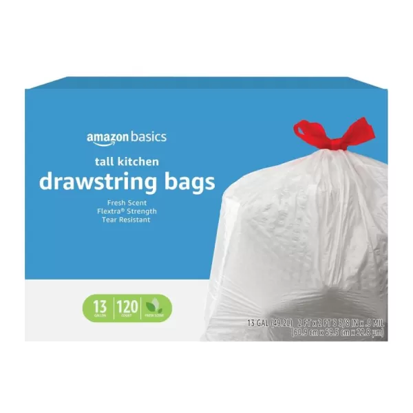 imageAmazon Basics Flextra Tall Kitchen Drawstring Trash Bags Fresh Scent 13 Gallon 90 Count120 Count Pack of 1