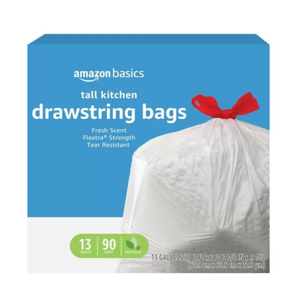 imageAmazon Basics Flextra Tall Kitchen Drawstring Trash Bags Fresh Scent 13 Gallon 90 Count90 Count Pack of 1