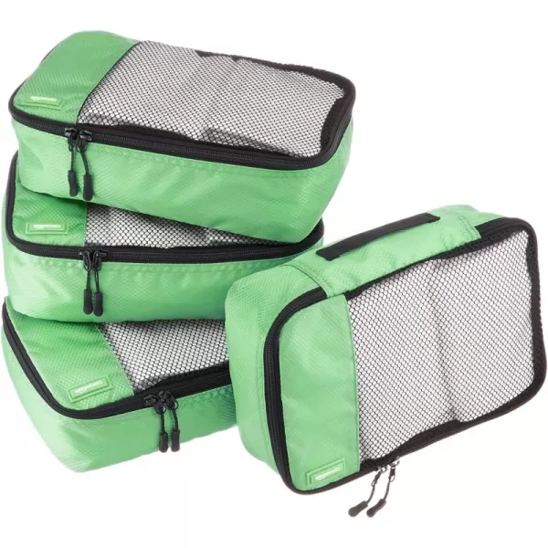 imageAmazon Basics Lightweight Packing Cubes for Travel 4 Piece Set With Double Zipper Pulls and Mesh Top Panel 100 Durable Polyester Small Sky BlueGreen
