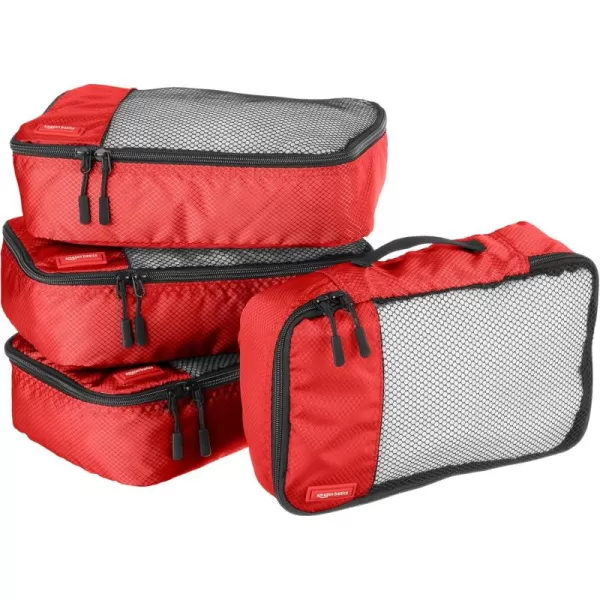 imageAmazon Basics Lightweight Packing Cubes for Travel 4 Piece Set With Double Zipper Pulls and Mesh Top Panel 100 Durable Polyester Small Sky BlueRed