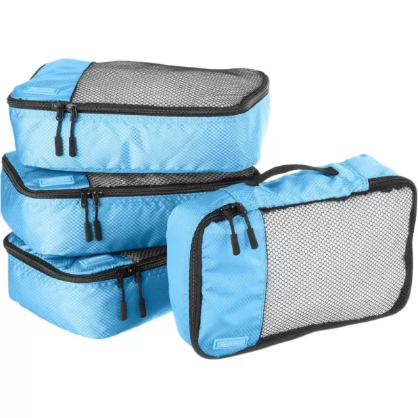 imageAmazon Basics Lightweight Packing Cubes for Travel 4 Piece Set With Double Zipper Pulls and Mesh Top Panel 100 Durable Polyester Small Sky BlueSky Blue