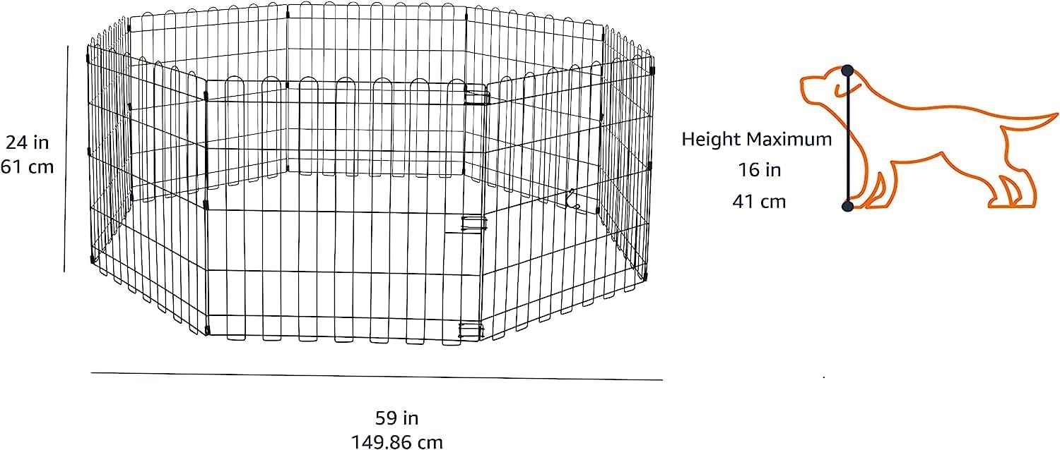 imageAmazon Basics Foldable Metal Exercise Playpen for Dogs IndoorOutdoor Portable Pet Pen Octagonal Single Door Extra Small 60 x 60 x 24 Inches Blackblack
