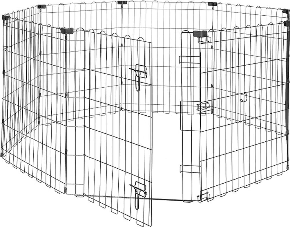 imageAmazon Basics Foldable Metal Exercise Playpen for Dogs IndoorOutdoor Portable Pet Pen Octagonal Single Door Extra Small 60 x 60 x 24 Inches Blackblack