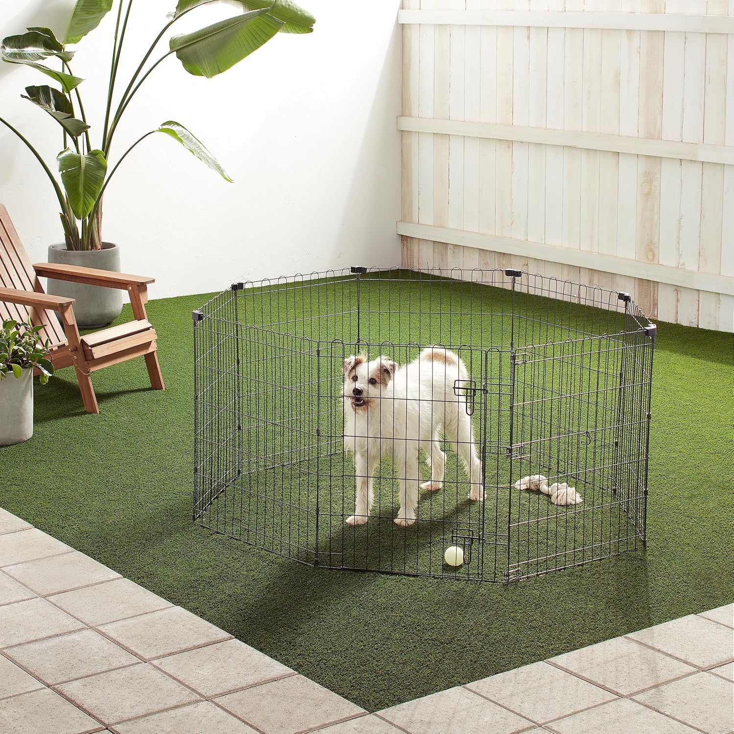 imageAmazon Basics Foldable Metal Exercise Playpen for Dogs IndoorOutdoor Portable Pet Pen Octagonal Single Door Extra Small 60 x 60 x 24 Inches Blackblack