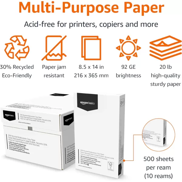 imageAmazon Basics  30 Recycled Multipurpose Copy Printer Paper 10 Reams 5000 Count 10 Packs of 500 85quot x 14quot White85 x 14