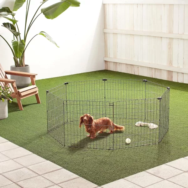 imageAmazon Basics Foldable Metal Exercise Playpen for Dogs IndoorOutdoor Portable Pet Pen Octagonal Single Door Extra Small 60 x 60 x 24 Inches Blackblack