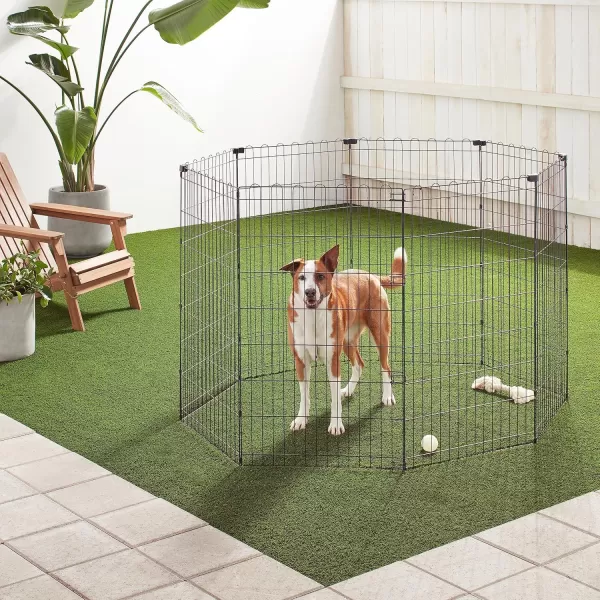 imageAmazon Basics Foldable Metal Exercise Playpen for Dogs IndoorOutdoor Portable Pet Pen Octagonal Single Door Extra Small 60 x 60 x 24 Inches Blackblack