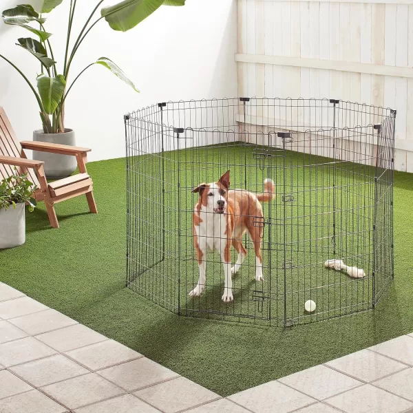 imageAmazon Basics Foldable Metal Exercise Playpen for Dogs IndoorOutdoor Portable Pet Pen Octagonal Single Door Extra Small 60 x 60 x 24 Inches Blackblack