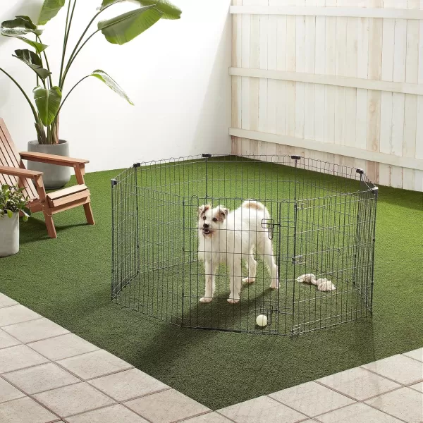 imageAmazon Basics Foldable Metal Exercise Playpen for Dogs IndoorOutdoor Portable Pet Pen Octagonal Single Door Extra Small 60 x 60 x 24 Inches Blackblack