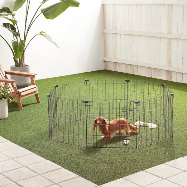 imageAmazon Basics Foldable Metal Exercise Playpen for Dogs IndoorOutdoor Portable Pet Pen Octagonal Single Door Extra Small 60 x 60 x 24 Inches Blackblack