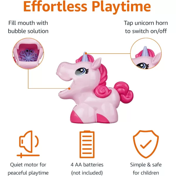 imageAmazon Basics Kids Outdoor Automatic Unicorn Bubble Blowing Machine With Solution Gift for Age 3Y Pink