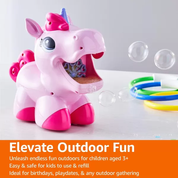 imageAmazon Basics Kids Outdoor Automatic Unicorn Bubble Blowing Machine With Solution Gift for Age 3Y Pink