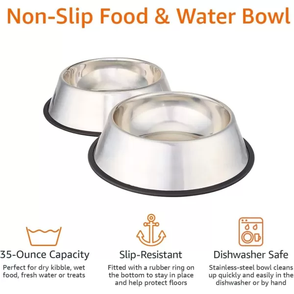 imageAmazon Basics Stainless Steel NonSkid Pet Dog Water And Food Bowl 2Pack 10 x 28 Inches Each Holds Up to 4 CupsStainless Steel