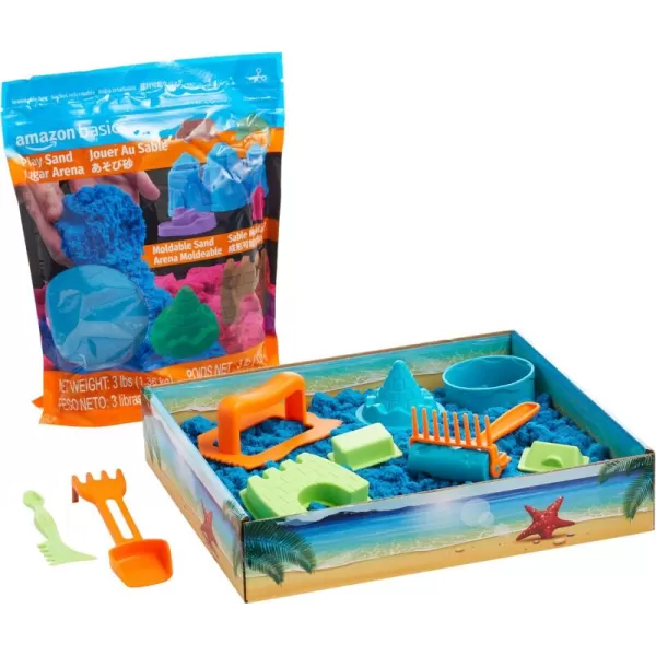 imageAmazon Basics 11 Piece Moldable Sensory Sand Toy Kit with Castle Molds and Tools 3lbs Blue Color for Kids Ages 3 and UpBlue