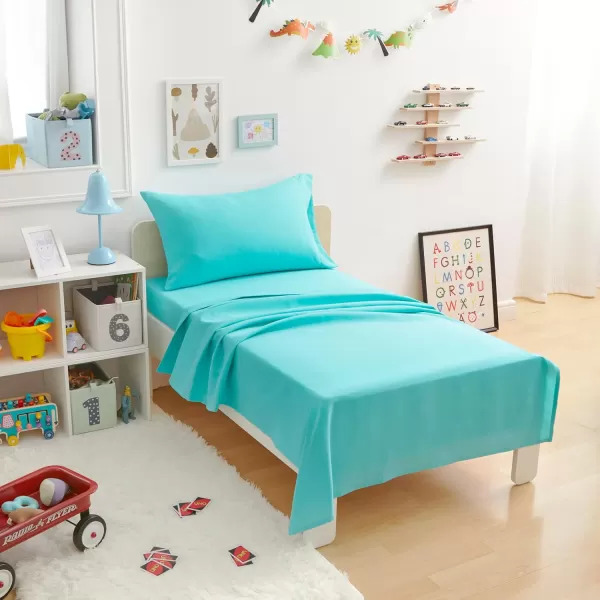 imageAmazon Basics Kids Soft EasyWash Lightweight Microfiber 3Piece Sheet Set Toddler Red SolidBright Aqua
