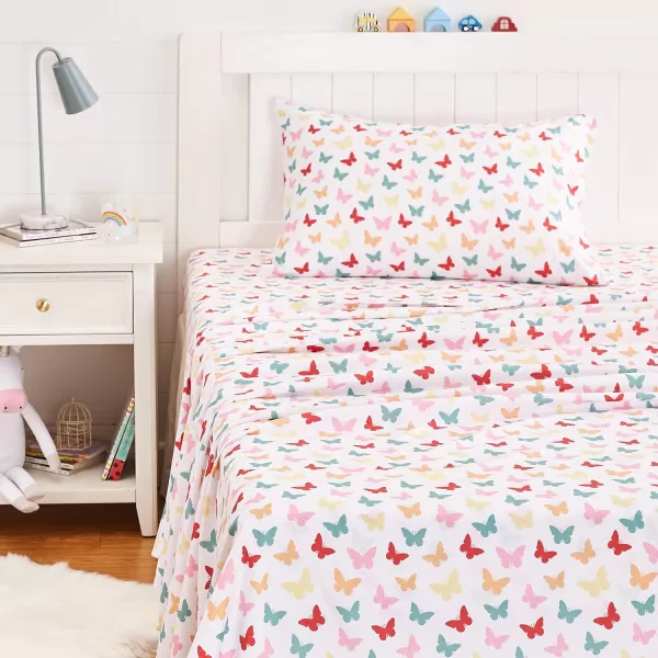 imageAmazon Basics Kids Soft EasyWash Lightweight Microfiber 3Piece Sheet Set Toddler Red SolidButterflies