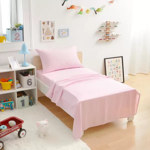 imageAmazon Basics Kids Soft EasyWash Lightweight Microfiber 3Piece Sheet Set Toddler Red SolidLight Pink