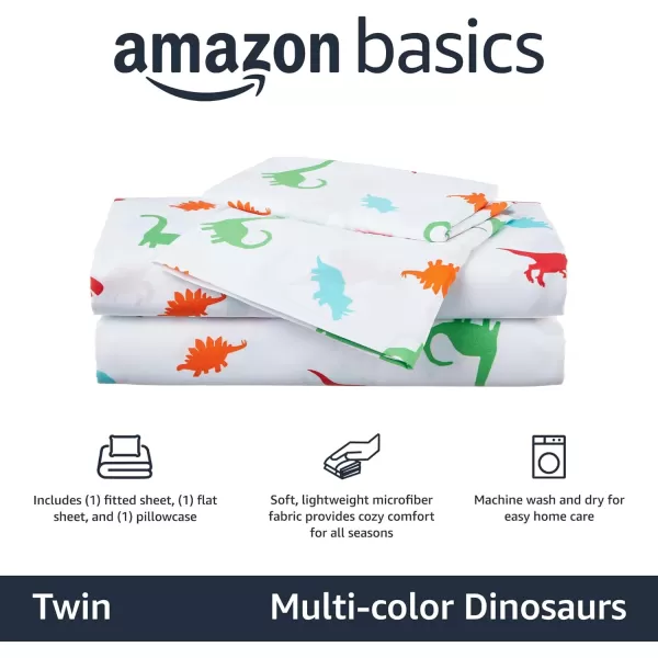 imageAmazon Basics Kids Soft EasyWash Lightweight Microfiber 3Piece Sheet Set Toddler Red SolidMulticolor Dinosaurs