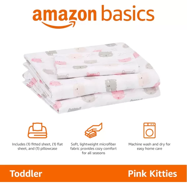 imageAmazon Basics Kids Soft EasyWash Lightweight Microfiber 3Piece Sheet Set Toddler Red SolidPink Kitties