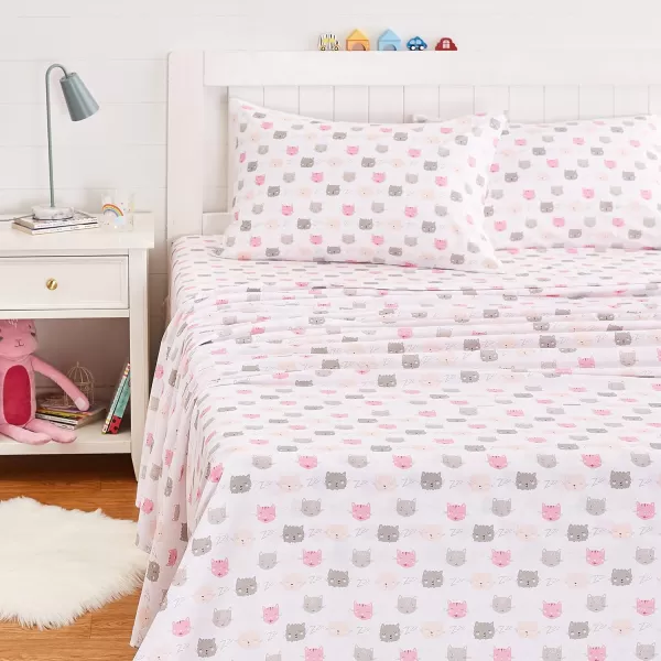 imageAmazon Basics Kids Soft EasyWash Lightweight Microfiber 3Piece Sheet Set Toddler Red SolidPink Kitties