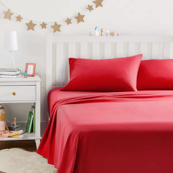imageAmazon Basics Kids Soft EasyWash Lightweight Microfiber 3Piece Sheet Set Toddler Red SolidRed