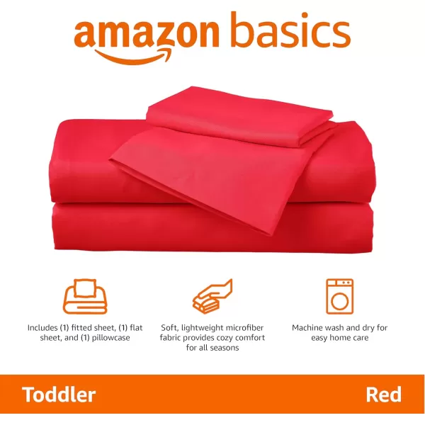 imageAmazon Basics Kids Soft EasyWash Lightweight Microfiber 3Piece Sheet Set Toddler Red SolidRed