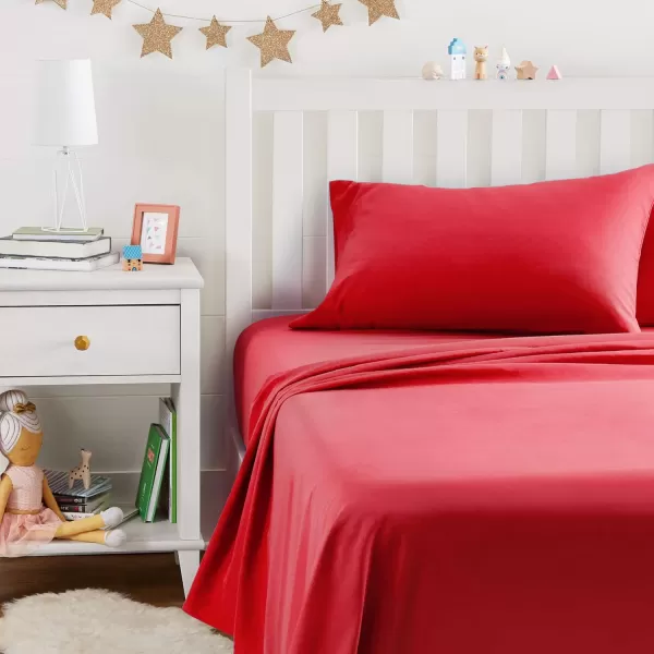 imageAmazon Basics Kids Soft EasyWash Lightweight Microfiber 3Piece Sheet Set Toddler Red SolidRed