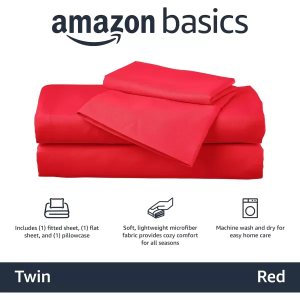 imageAmazon Basics Kids Soft EasyWash Lightweight Microfiber 3Piece Sheet Set Toddler Red SolidRed