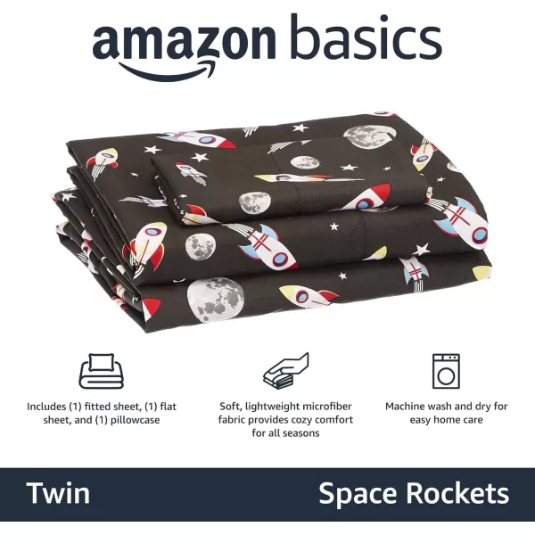 imageAmazon Basics Kids Soft EasyWash Lightweight Microfiber 3Piece Sheet Set Toddler Red SolidSpace Rockets