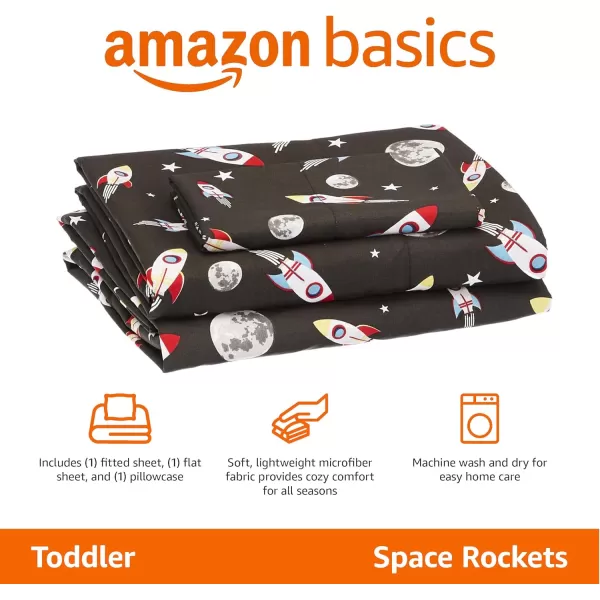 imageAmazon Basics Kids Soft EasyWash Lightweight Microfiber 3Piece Sheet Set Toddler Red SolidSpace Rockets