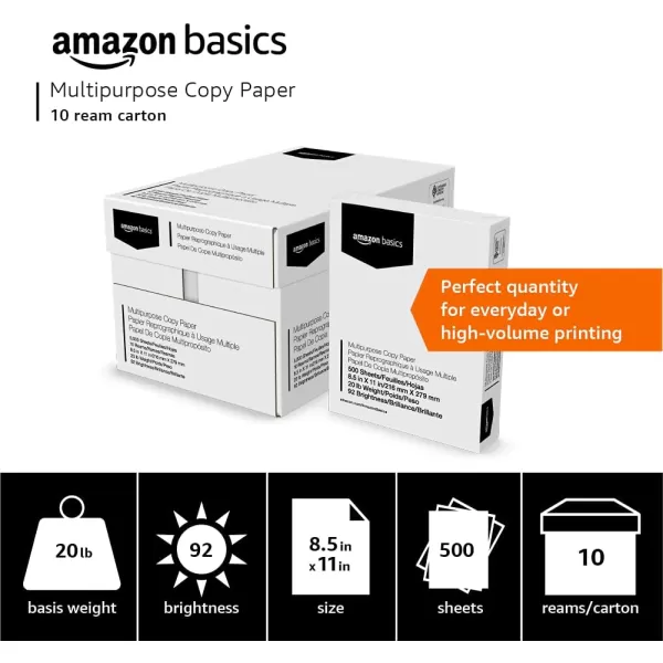 imageAmazon Basics Multipurpose Copy Printer Paper 85 x 11 inches 20 lb 1 Ream 500 Sheets 92 Bright White10 Reams  5000 Sheets