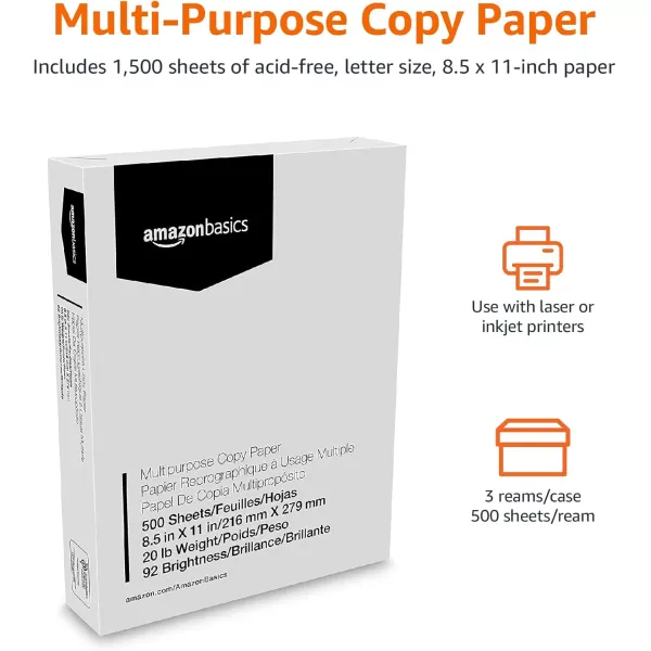 imageAmazon Basics Multipurpose Copy Printer Paper 85 x 11 inches 20 lb 1 Ream 500 Sheets 92 Bright White3 Reams  1500 Sheets