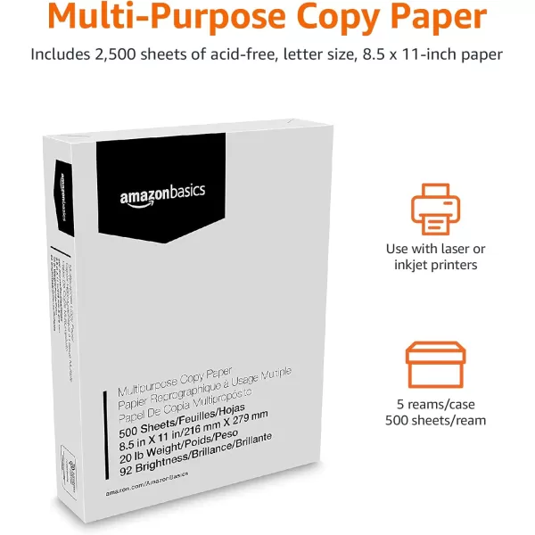 imageAmazon Basics Multipurpose Copy Printer Paper 85 x 11 inches 20 lb 1 Ream 500 Sheets 92 Bright White5 Reams  2500 Sheets