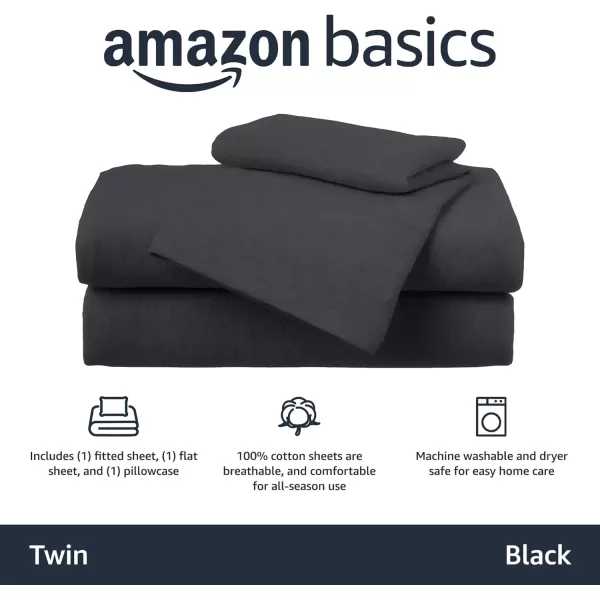 imageAmazon Basics 3 Piece Bed Sheets Set 100 Cotton Jersey Includes Super Soft Flat and Fitted Sheets Pillowcase 28 x 52 Inches Toddler White SolidBlack