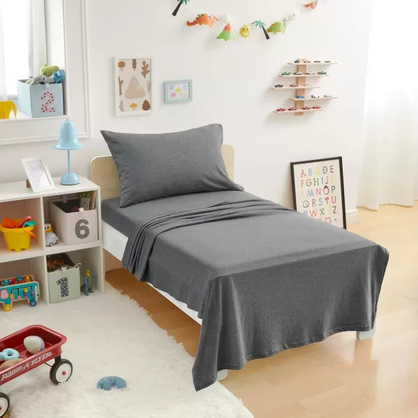 imageAmazon Basics 3 Piece Bed Sheets Set 100 Cotton Jersey Includes Super Soft Flat and Fitted Sheets Pillowcase 28 x 52 Inches Toddler White SolidDark Gray