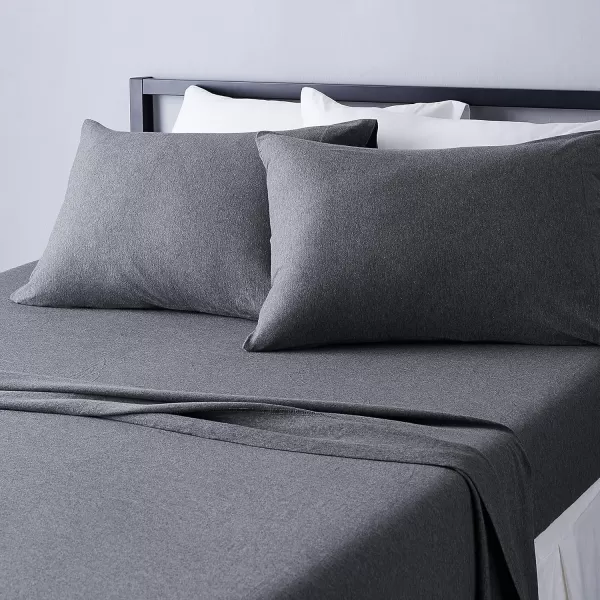 imageAmazon Basics 3 Piece Bed Sheets Set 100 Cotton Jersey Includes Super Soft Flat and Fitted Sheets Pillowcase 28 x 52 Inches Toddler White SolidDark Gray