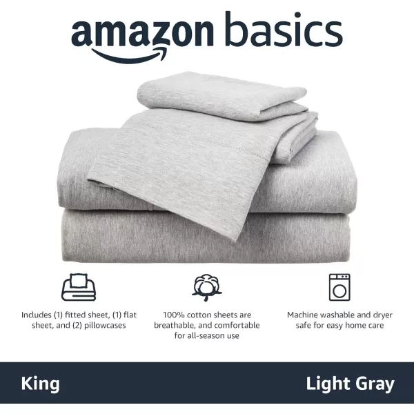 imageAmazon Basics 3 Piece Bed Sheets Set 100 Cotton Jersey Includes Super Soft Flat and Fitted Sheets Pillowcase 28 x 52 Inches Toddler White SolidLight Gray