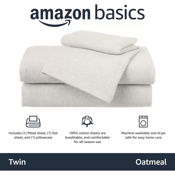 imageAmazon Basics 3 Piece Bed Sheets Set 100 Cotton Jersey Includes Super Soft Flat and Fitted Sheets Pillowcase 28 x 52 Inches Toddler White SolidOatmeal