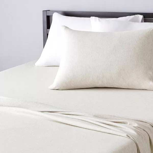 imageAmazon Basics 3 Piece Bed Sheets Set 100 Cotton Jersey Includes Super Soft Flat and Fitted Sheets Pillowcase 28 x 52 Inches Toddler White SolidOatmeal
