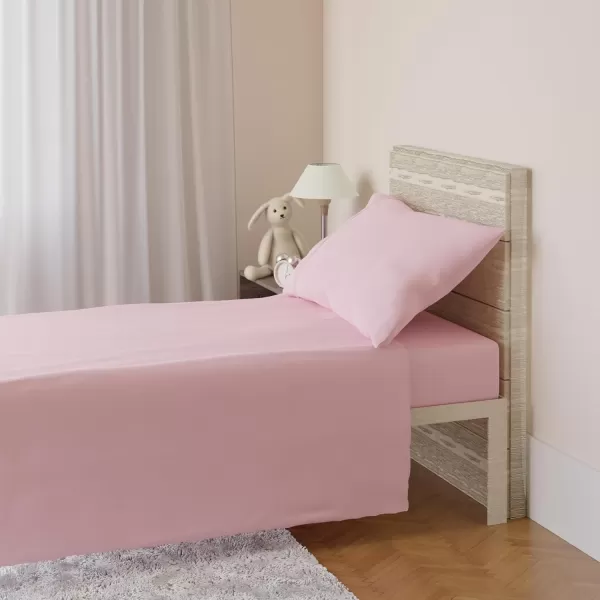 imageAmazon Basics 3 Piece Bed Sheets Set 100 Cotton Jersey Includes Super Soft Flat and Fitted Sheets Pillowcase 28 x 52 Inches Toddler White SolidPink