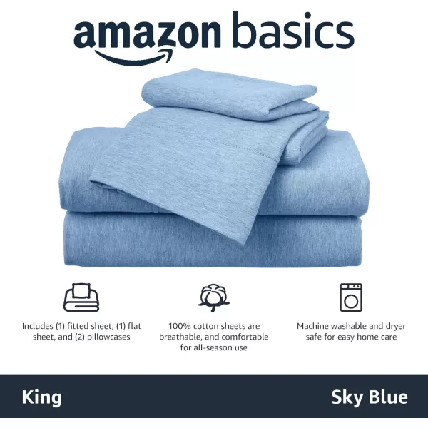 imageAmazon Basics 3 Piece Bed Sheets Set 100 Cotton Jersey Includes Super Soft Flat and Fitted Sheets Pillowcase 28 x 52 Inches Toddler White SolidSky Blue