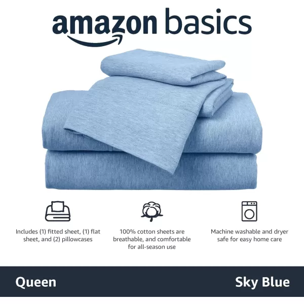 imageAmazon Basics 3 Piece Bed Sheets Set 100 Cotton Jersey Includes Super Soft Flat and Fitted Sheets Pillowcase 28 x 52 Inches Toddler White SolidSky Blue