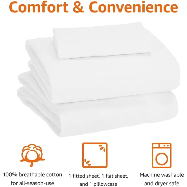 imageAmazon Basics 3 Piece Bed Sheets Set 100 Cotton Jersey Includes Super Soft Flat and Fitted Sheets Pillowcase 28 x 52 Inches Toddler White SolidWhite