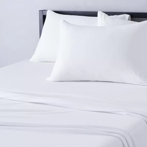 imageAmazon Basics 3 Piece Bed Sheets Set 100 Cotton Jersey Includes Super Soft Flat and Fitted Sheets Pillowcase 28 x 52 Inches Toddler White SolidWhite