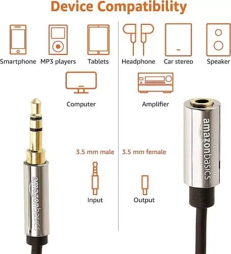 imageAmazon Basics 35mm Aux Jack Audio Extension Cable Male to Female Adapter for Headphone or Smartphone 6 Foot Black12 Feet