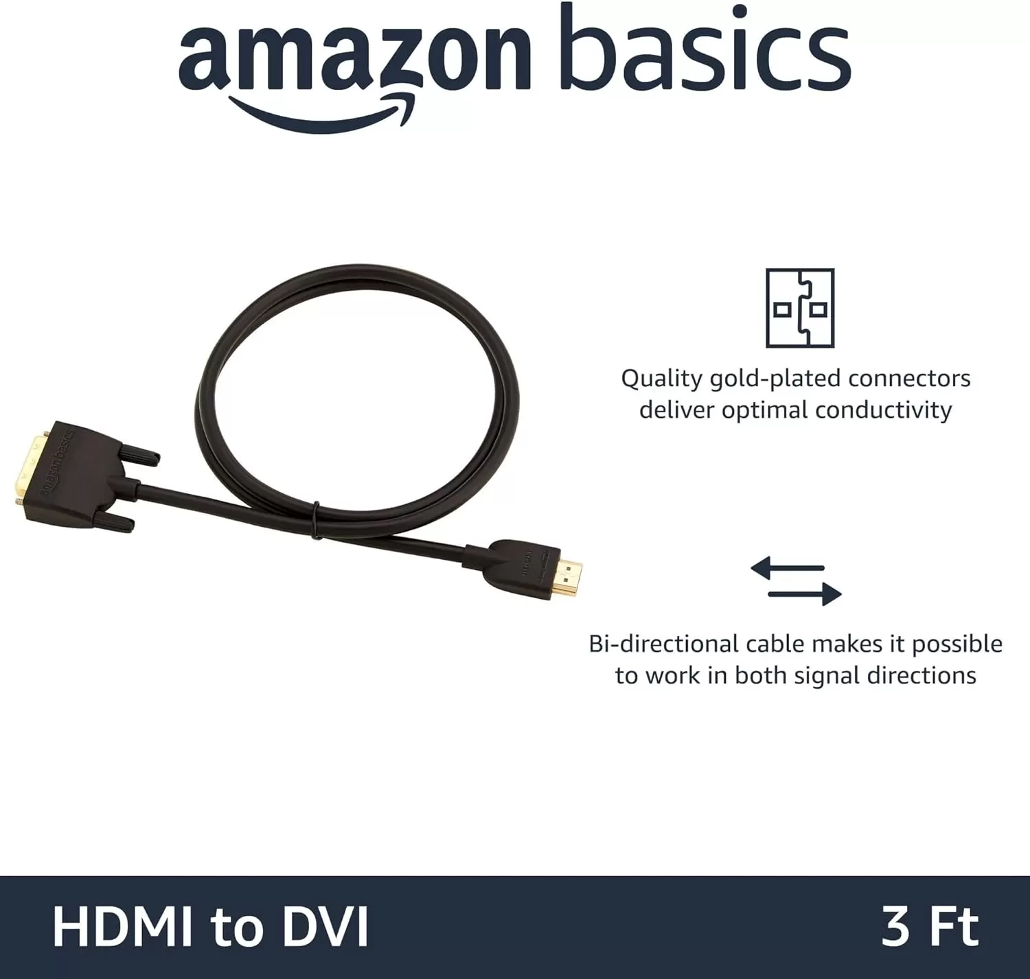 imageAmazon Basics HDMIA to DVI Male Adapter Cable BiDirectional 1080P GoldPlated 3 ft09 m Single Pack Black3 ft