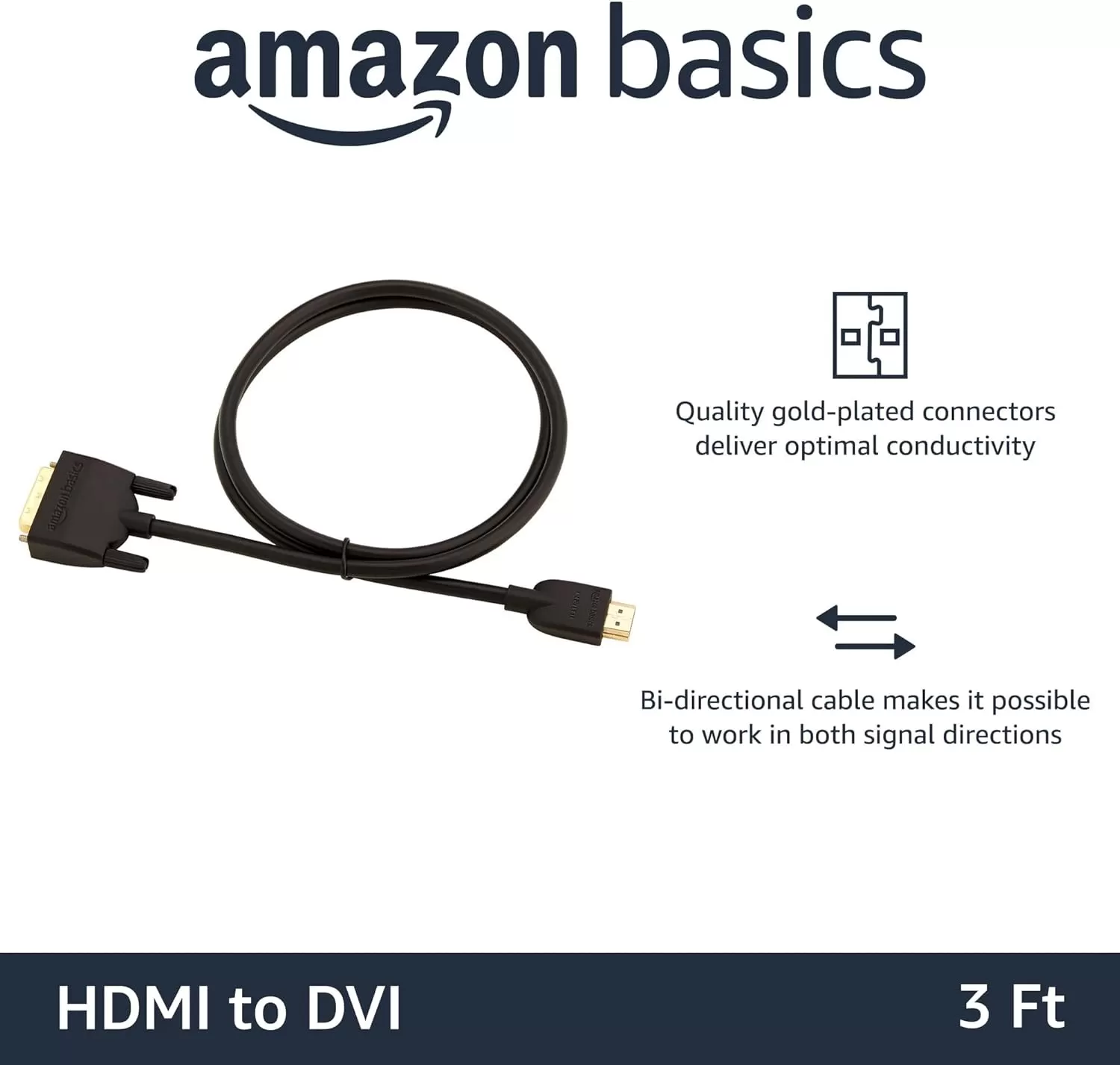 imageAmazon Basics HDMIA to DVI Male Adapter Cable BiDirectional 1080P GoldPlated 3 ft09 m Single Pack Black3 ft