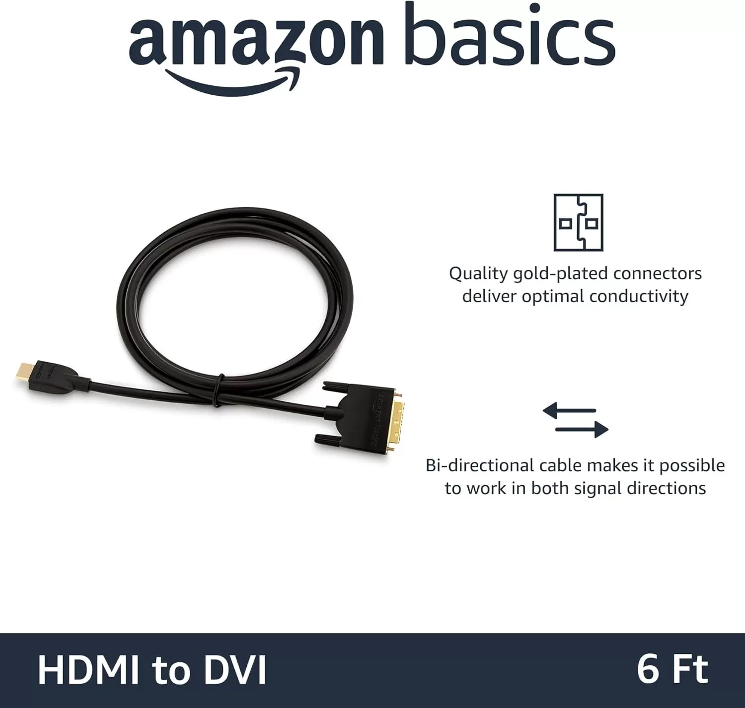 imageAmazon Basics HDMIA to DVI Male Adapter Cable BiDirectional 1080P GoldPlated 3 ft09 m Single Pack Black6 ft