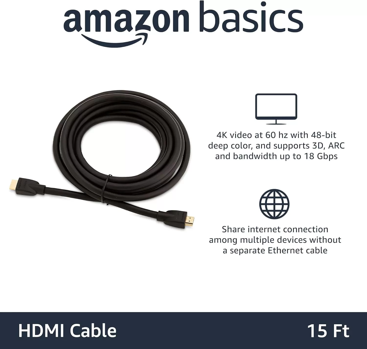 imageAmazon Basics HighSpeed 4K Ultra HD HDMI 20 CableCord 10ft  3m 18 Gbps 60 Hz 2160p 48 bit MaletoMale Ethernet Ready 3D Black15 Feet