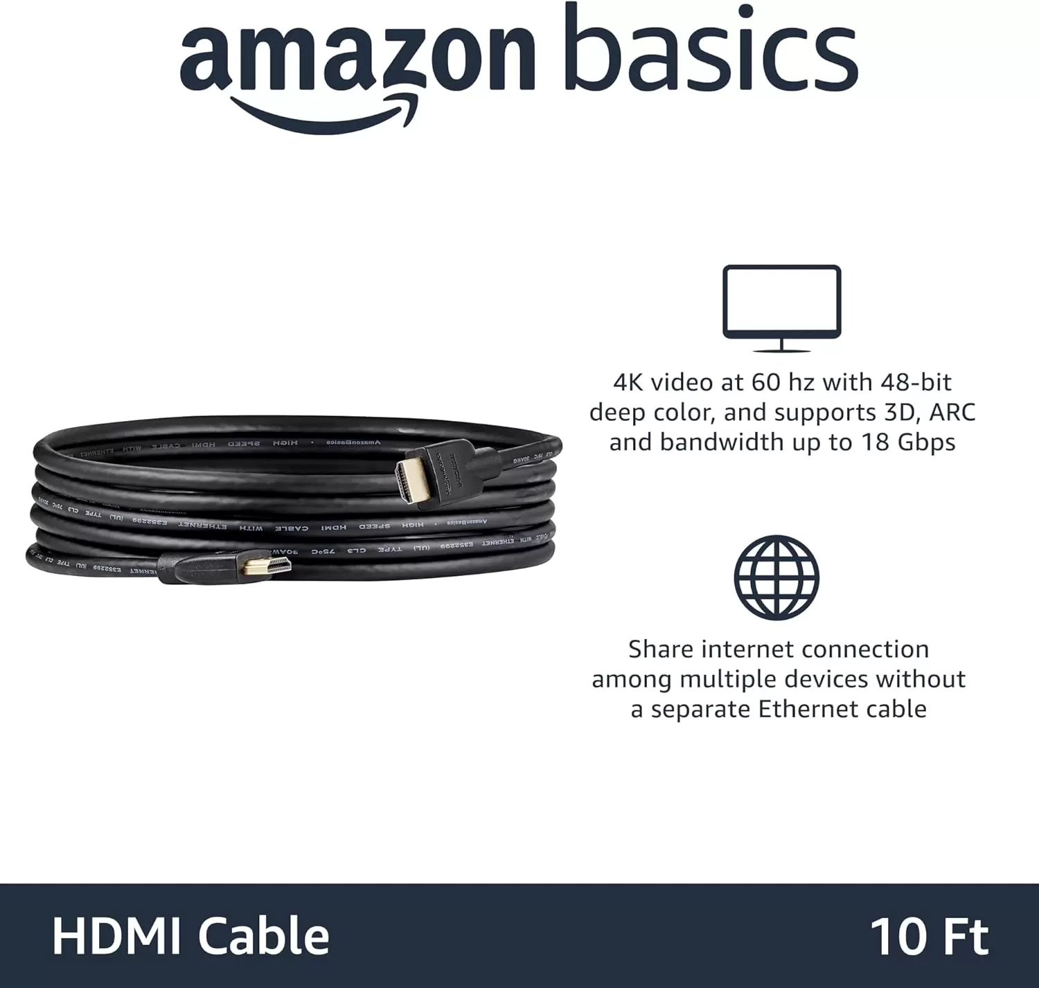 imageAmazon Basics HighSpeed 4K Ultra HD HDMI 20 CableCord 3ft  09m 18 Gbps 60 Hz 2160p 48 bit MaletoMale Ethernet Ready 3D Black10 Feet